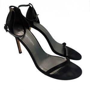 Stuart Weitzman Black Suede Ankle Strap Heels Sandals Size 9.5M Women's Evening